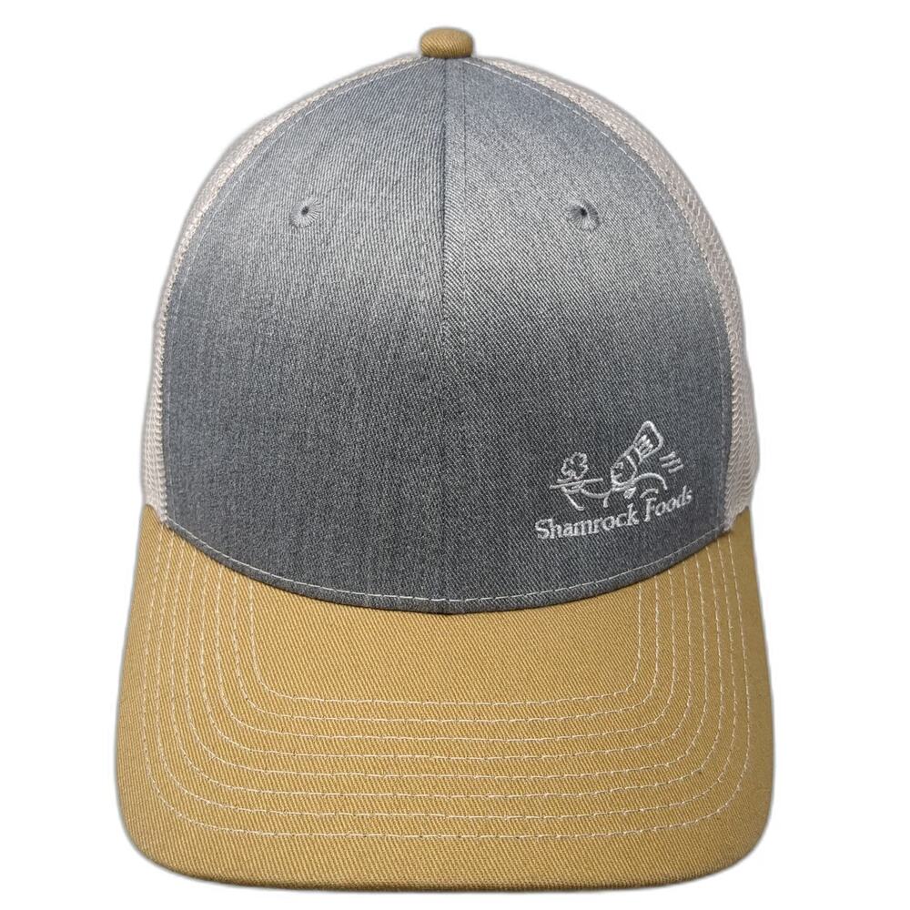 Fahrenheit Trucker Hat Gray Yellow One Size Shamrock Foods Logo Mesh Snapback